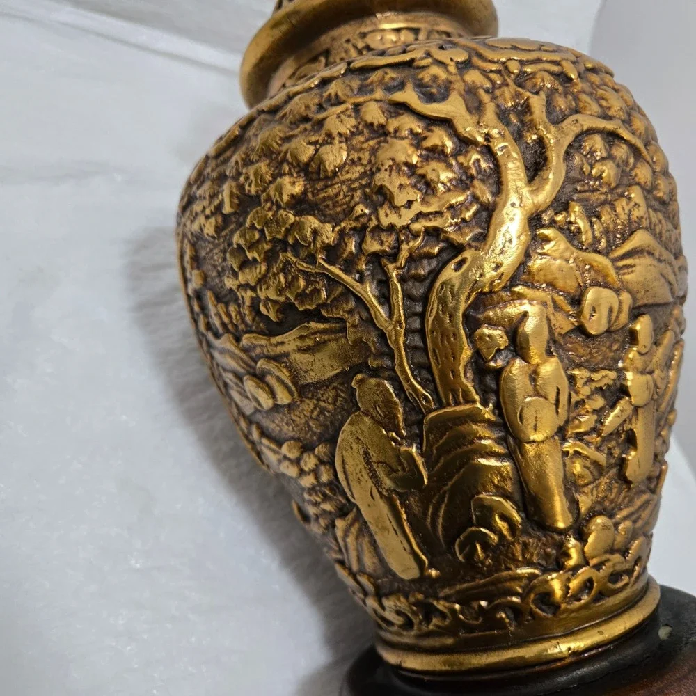 Vintage Chinese Gold Cinnabar Ginger Jar Urn Carved Relief Landscape 11.5in